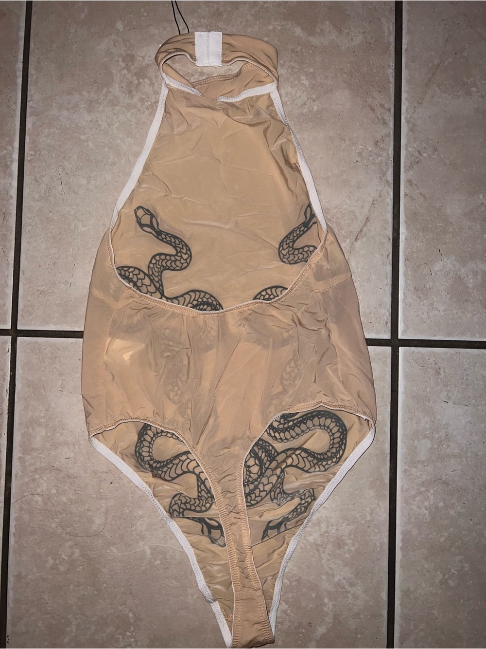 Beige Snake Print Halter Bodysuit - - Picture 3 of 5